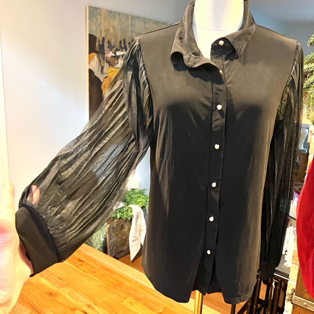 Perseption Concept,Black Button Blouse Pleated Sheer Mesh Sleeved Top, Size L - Picture 6 of 11